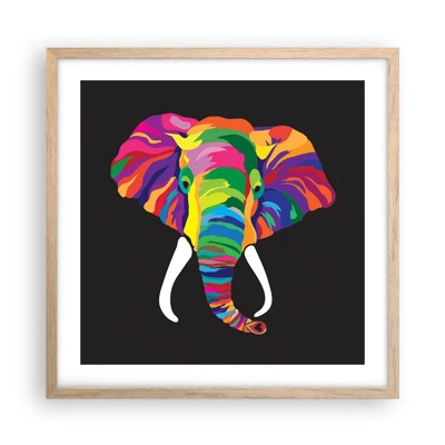 Een poster in een licht eiken lijst - De olifant die ervan hield om in de regenboog te baden - 50x50 cm