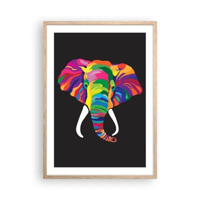 Een poster in een licht eiken lijst - De olifant die ervan hield om in de regenboog te baden - 50x70 cm