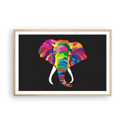 Een poster in een licht eiken lijst - De olifant die ervan hield om in de regenboog te baden - 91x61 cm