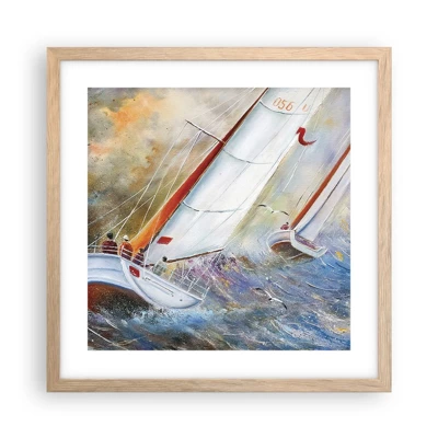 Een poster in een licht eiken lijst - Lopend op de golven  - 40x40 cm