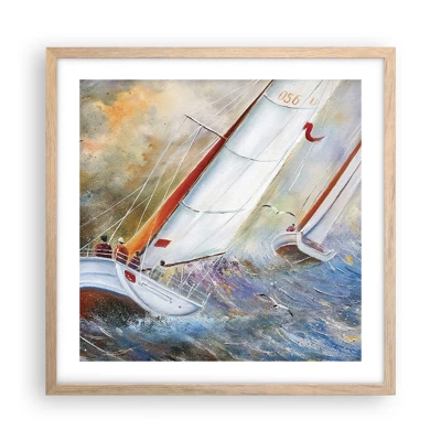 Een poster in een licht eiken lijst - Lopend op de golven  - 50x50 cm