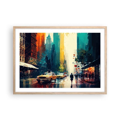 Een poster in een licht eiken lijst - New York – zelfs de regen is hier kleurrijk - 70x50 cm