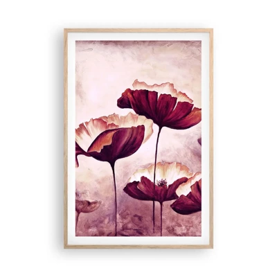 Een poster in een licht eiken lijst - Rood en wit bloemblad - 61x91 cm