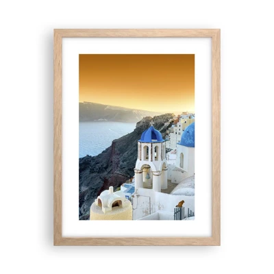 Een poster in een licht eiken lijst - Santorini - genesteld tegen de rotsen - 30x40 cm