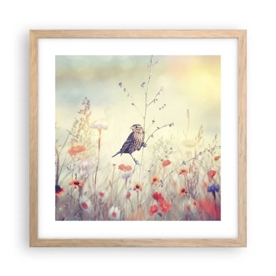 Een poster in een licht eiken lijst - Vogelportret met een weiland op de achtergrond - 40x40 cm
