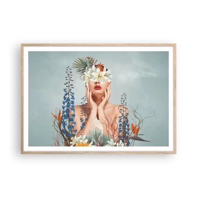 Een poster in een licht eiken lijst - Vrouw - bloem - 100x70 cm