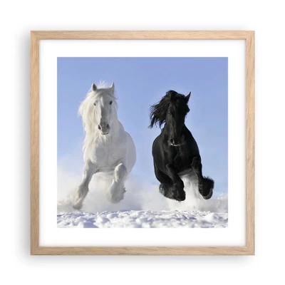 Een poster in een licht eiken lijst - Zwart-wit galop - 40x40 cm