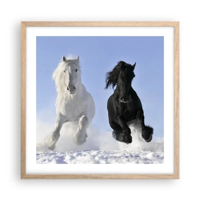 Een poster in een licht eiken lijst - Zwart-wit galop - 50x50 cm