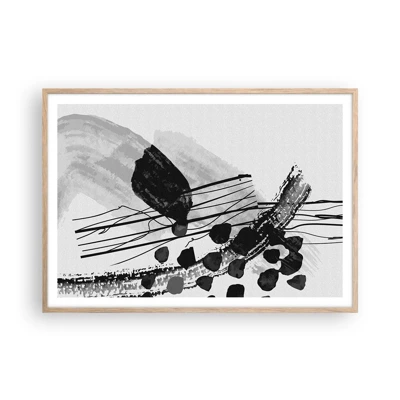 Een poster in een licht eiken lijst - Zwart-wit organische abstractie - 100x70 cm