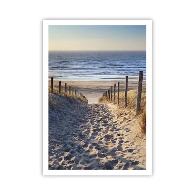 Poster - Het geluid van de zee, het zingen van vogels, een wild strand tussen het gras... - 70x100 cm