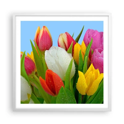 Poster in een witte lijst - Een bloemenregenboog in dauwdruppels - 60x60 cm