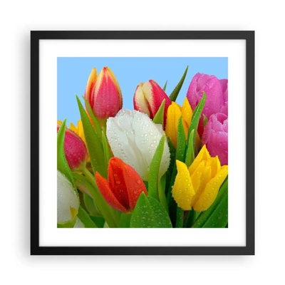 Poster in een zwarte lijst - Een bloemenregenboog in dauwdruppels - 40x40 cm