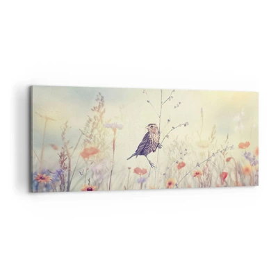 Schilderen op canvas - Vogelportret met een weiland op de achtergrond - 100x40 cm