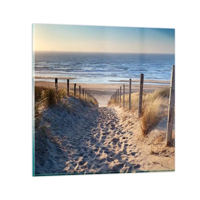 Schilderen op glas - Het geluid van de zee, het zingen van vogels, een wild strand tussen het gras... - 40x40 cm