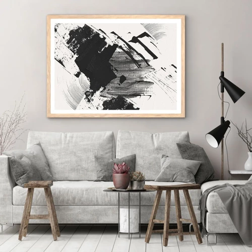 Een poster in een licht eiken lijst - Abstractie – expressie van zwart - 100x70 cm