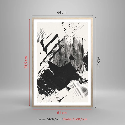 Een poster in een licht eiken lijst - Abstractie – expressie van zwart - 61x91 cm