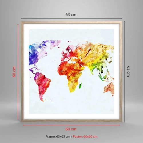 Een poster in een licht eiken lijst - Alle kleuren van de wereld - 60x60 cm