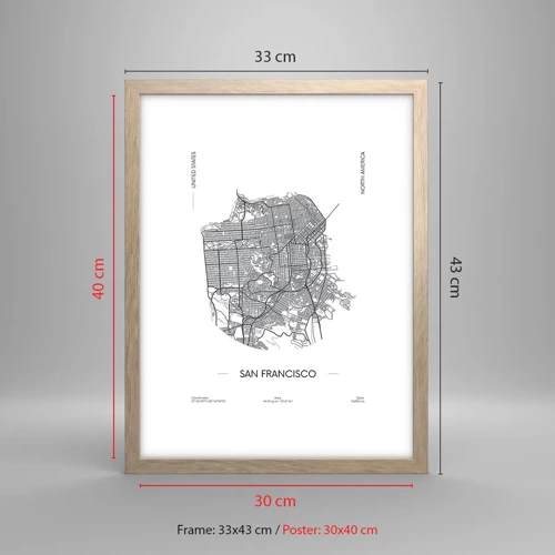 Een poster in een licht eiken lijst - Anatomie van San Francisco - 30x40 cm