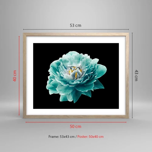 Een poster in een licht eiken lijst - Blauwe en gouden bloemblaadjes - 50x40 cm