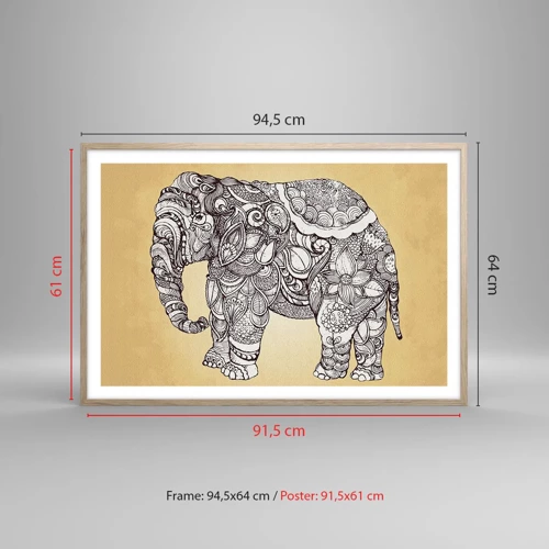 Een poster in een licht eiken lijst - De olifant heeft zichzelf bedekt - 91x61 cm