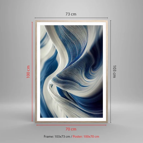 Een poster in een licht eiken lijst - De vloeibaarheid van blauw en wit - 70x100 cm