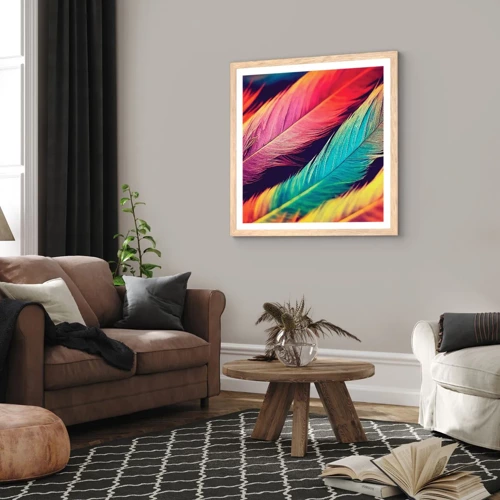 Een poster in een licht eiken lijst - Gevederde regenboog - 60x60 cm