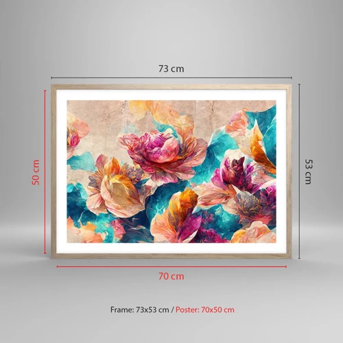 Een poster in een licht eiken lijst - Kleurrijke pracht van het boeket - 70x50 cm