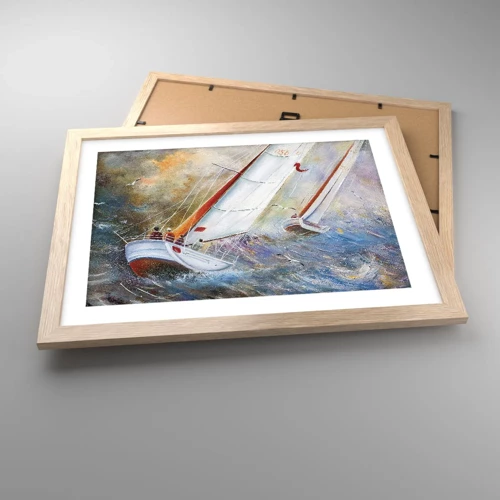 Een poster in een licht eiken lijst - Lopend op de golven  - 40x30 cm