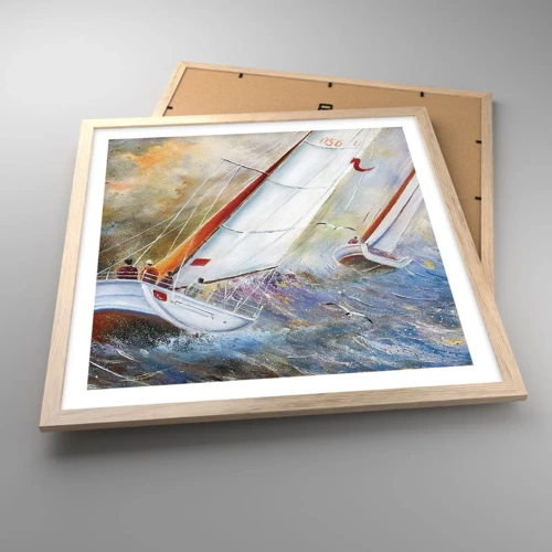 Een poster in een licht eiken lijst - Lopend op de golven  - 50x50 cm