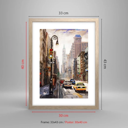 Een poster in een licht eiken lijst - New York - ook kleurrijk in de regen - 30x40 cm