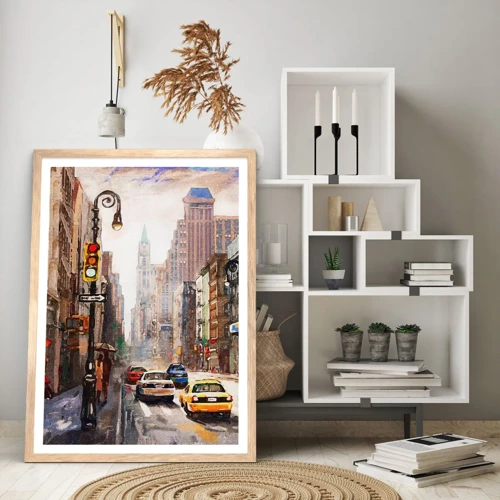 Een poster in een licht eiken lijst - New York - ook kleurrijk in de regen - 30x40 cm