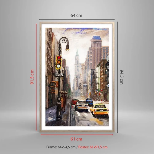 Een poster in een licht eiken lijst - New York - ook kleurrijk in de regen - 61x91 cm