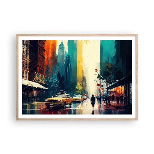 Een poster in een licht eiken lijst - New York – zelfs de regen is hier kleurrijk - 100x70 cm