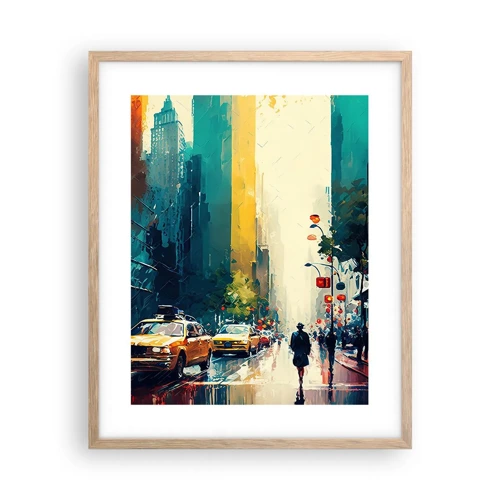 Een poster in een licht eiken lijst - New York – zelfs de regen is hier kleurrijk - 40x50 cm