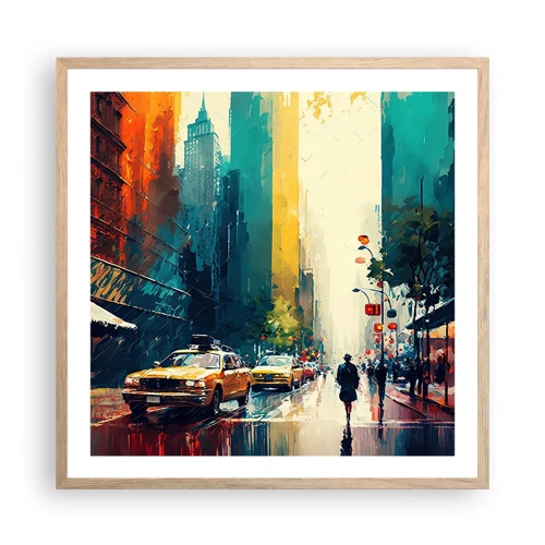 Een poster in een licht eiken lijst - New York – zelfs de regen is hier kleurrijk - 60x60 cm