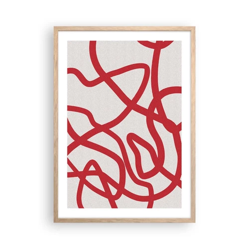 Een poster in een licht eiken lijst - Rood op wit - 50x70 cm