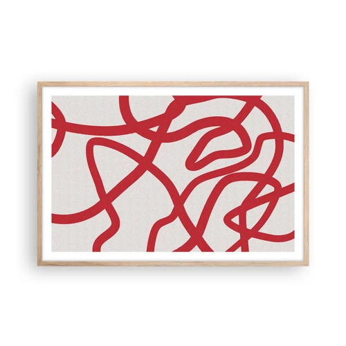 Een poster in een licht eiken lijst - Rood op wit - 91x61 cm