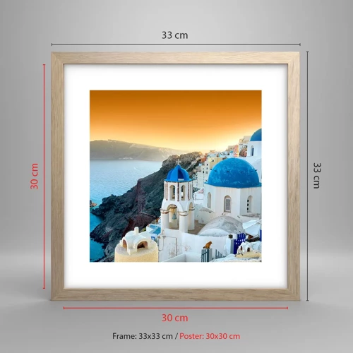 Een poster in een licht eiken lijst - Santorini - genesteld tegen de rotsen - 30x30 cm