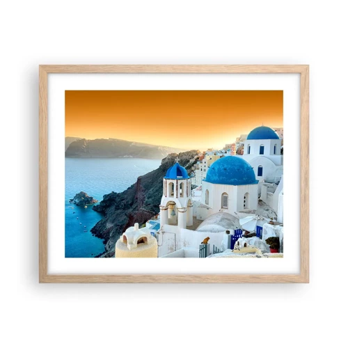 Een poster in een licht eiken lijst - Santorini - genesteld tegen de rotsen - 50x40 cm