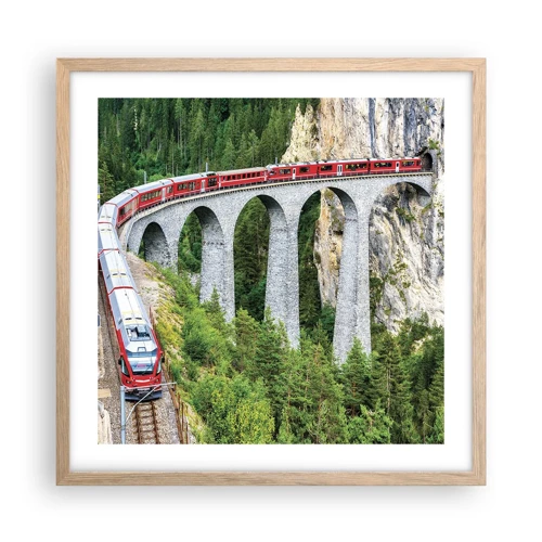 Een poster in een licht eiken lijst - Spoorlijn voor uitzicht op de bergen - 50x50 cm