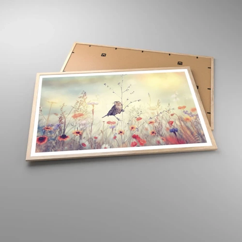 Een poster in een licht eiken lijst - Vogelportret met een weiland op de achtergrond - 91x61 cm