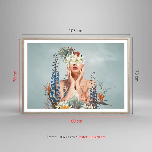 Een poster in een licht eiken lijst - Vrouw - bloem - 100x70 cm