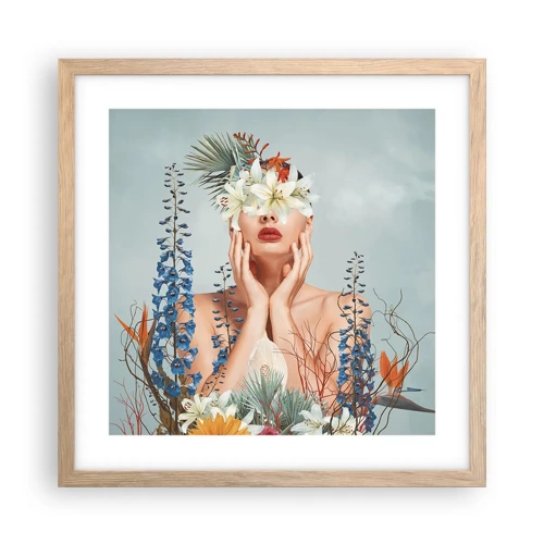 Een poster in een licht eiken lijst - Vrouw - bloem - 40x40 cm