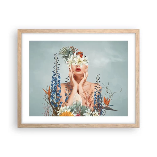 Een poster in een licht eiken lijst - Vrouw - bloem - 50x40 cm