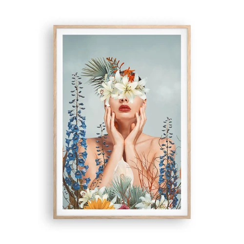 Een poster in een licht eiken lijst - Vrouw - bloem - 70x100 cm