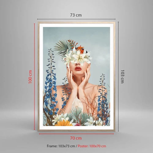 Een poster in een licht eiken lijst - Vrouw - bloem - 70x100 cm