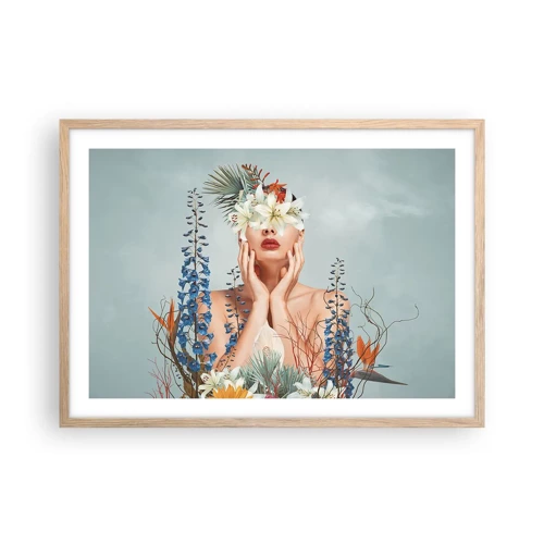 Een poster in een licht eiken lijst - Vrouw - bloem - 70x50 cm
