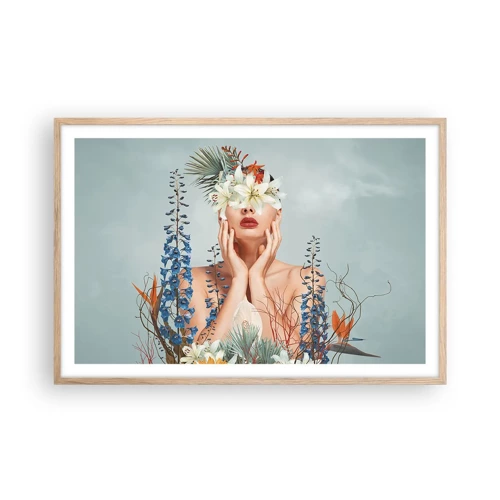 Een poster in een licht eiken lijst - Vrouw - bloem - 91x61 cm