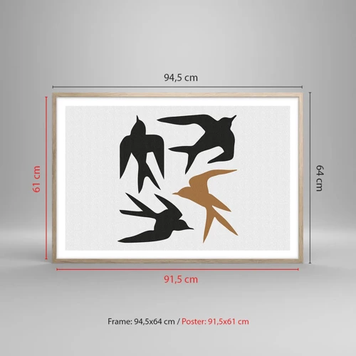 Een poster in een licht eiken lijst - Zwaluwen spel - 91x61 cm