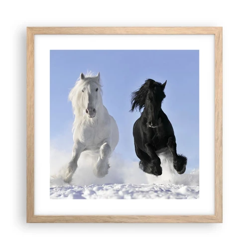 Een poster in een licht eiken lijst - Zwart-wit galop - 40x40 cm